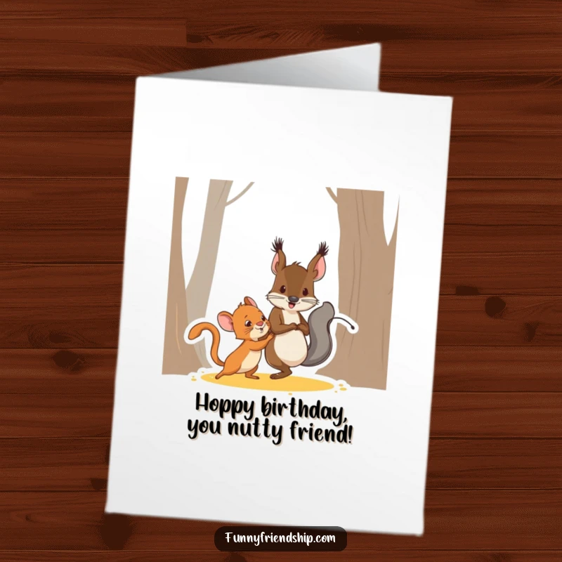Funny Free Printable Birthday Card: A squirrel character and a mouse character are playfully chasing each other playing tag.