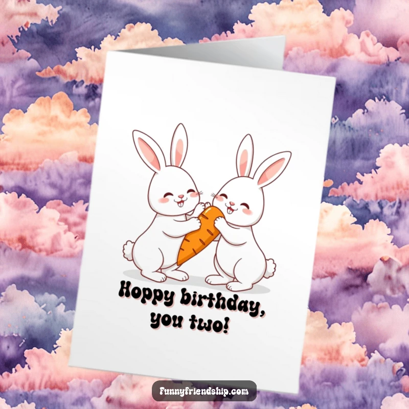 Funny Free Printable Rabbit Birthday Card, two bunnies sharing a huge carrot and high-fiving, festive celebration art.