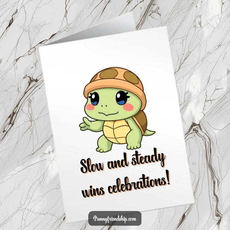 Funny Free Printable Birthday Card: A determined turtle character slowly extending a gentle helping hand.