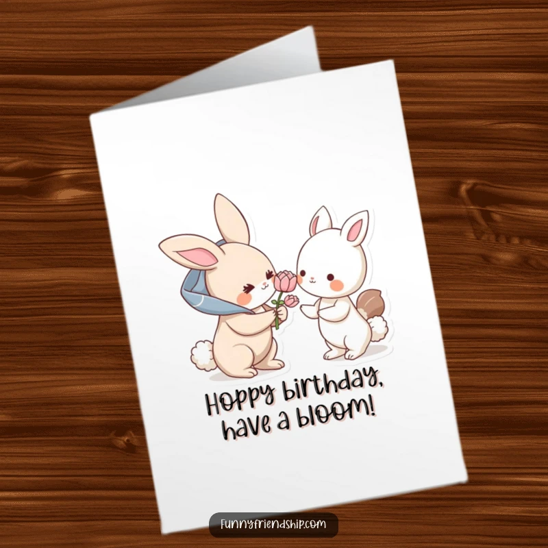Funny Free Printable Birthday Card: A sweet bunny character offers a delicate flower to another welcoming animal character.