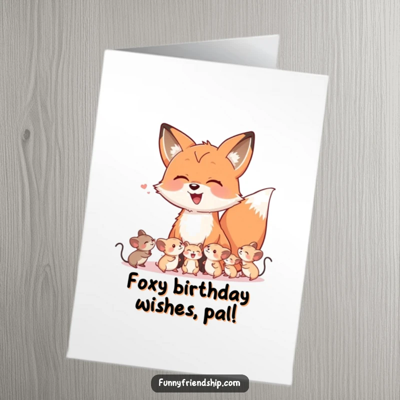 Funny Free Printable Birthday Card: A fox sharing a hearty laugh with tiny mice, spreading birthday merriment.