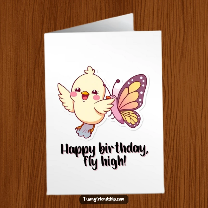 Funny Free Printable Birthday Card: A happy bird joyfully flies in tandem with a colorful butterfly, spreading cheer.