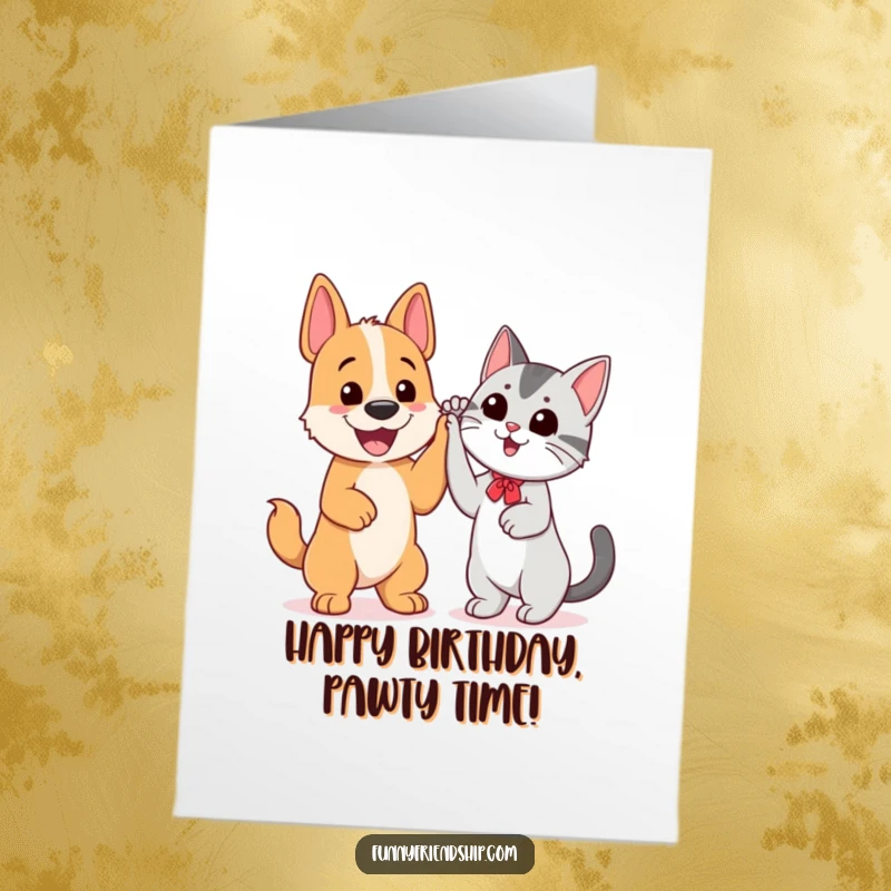 Funny Free Printable Birthday Card: A cheerful dog and a cool cat share an enthusiastic high five, celebrating together.