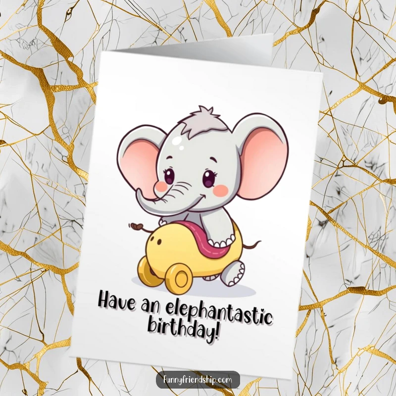 Funny Free Printable Birthday Card: A playful elephant offers a ride on its trunk for a joyous birthday celebration.