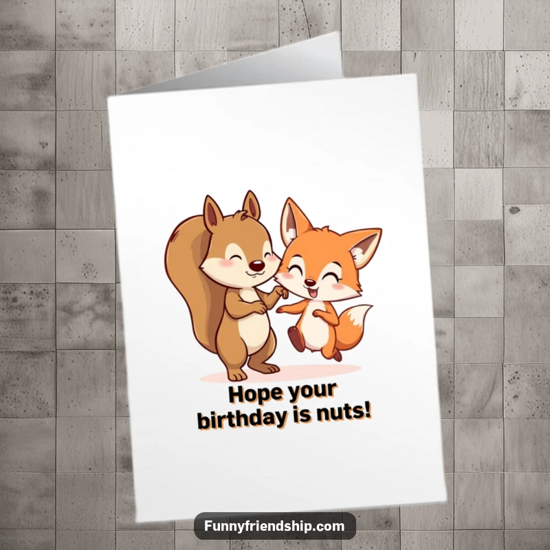 Funny Free Printable Birthday Card: Squirrel and fox playing tag with playful energy. Downloadable gift for kids.