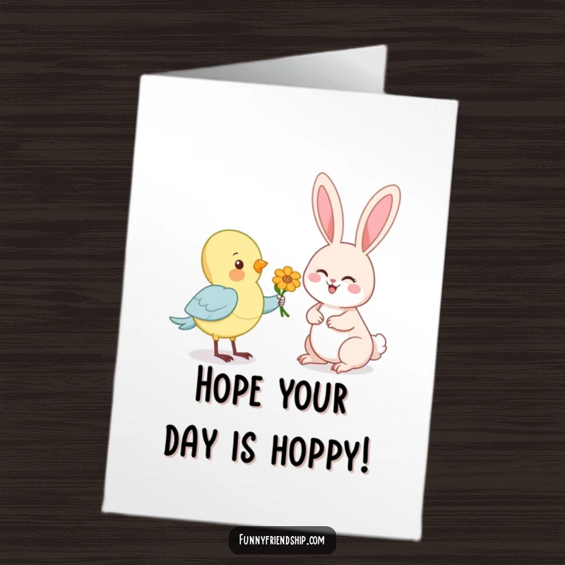 Funny Free Printable Birthday Card: A cheerful bird presents a delicate flower to a beaming, happy rabbit, spreading joy.