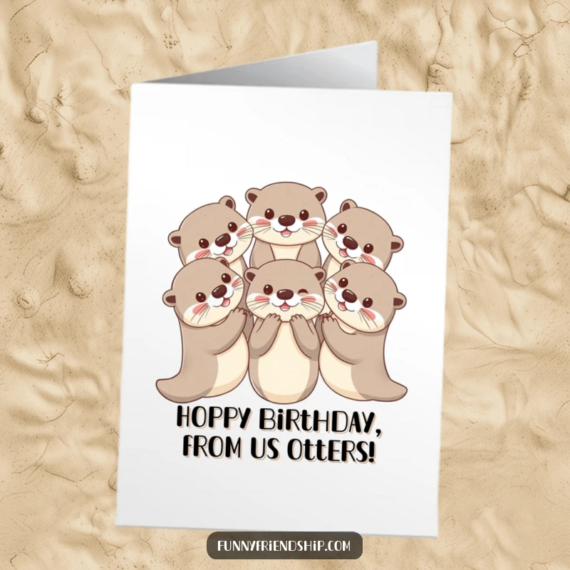 Funny Free Printable Otter Birthday Card, playful otters holding paws in a circle, festive celebration art.