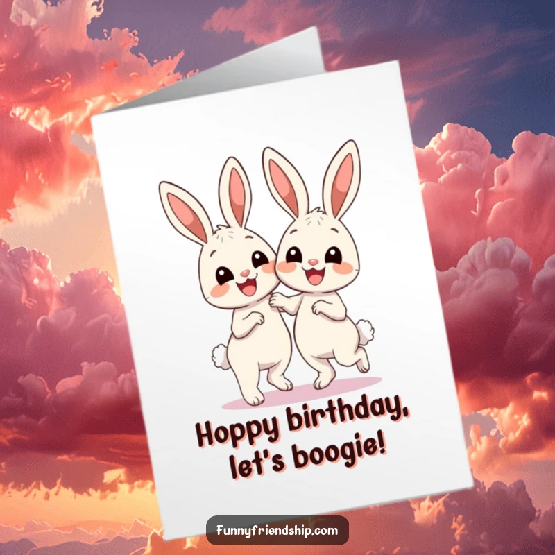 Funny Free Printable Birthday Card: Two cute bunnies dancing joyfully, big smiles, celebrating a special day with hilarious energy.