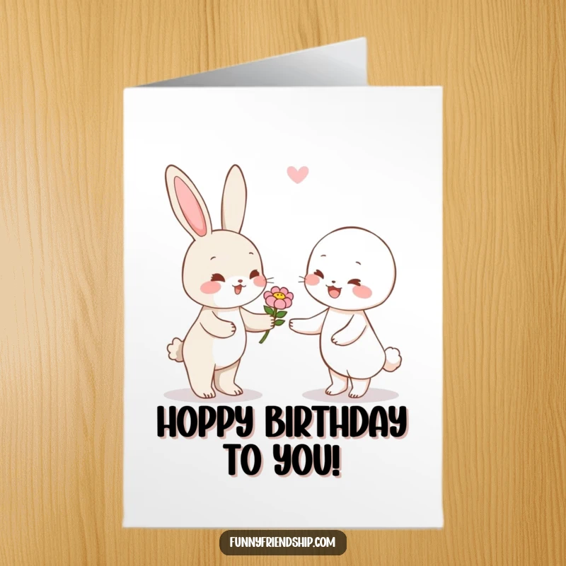 Funny Free Printable Birthday Card: A cute rabbit character offering a bright flower to another smiling character, full of warmth.
