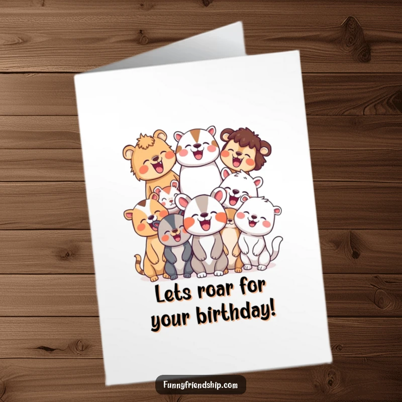Funny Free Printable Birthday Card with a diverse group of happy animals laughing together joyfully, celebrating a birthday party.