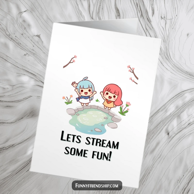 Funny Free Printable Birthday Card with two smiling characters waving goodbye across a tiny stream, conveying festive wishes.