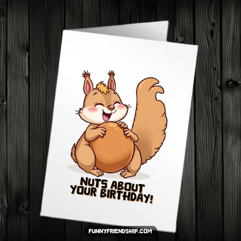 Funny Free Printable Birthday Card: A joyful squirrel sharing a huge nut with a friend, celebrating a bountiful happy birthday.