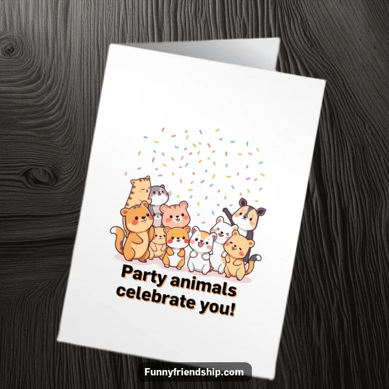 Funny free printable birthday card: diverse animal characters joyfully toss confetti at each other.