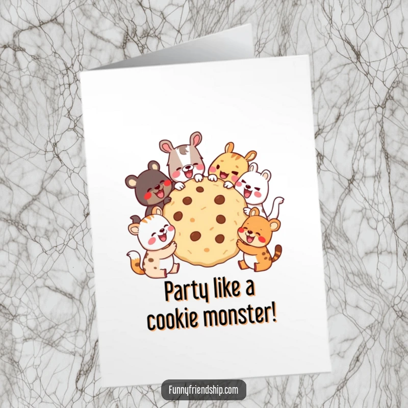 Funny Free Printable Birthday Card: Diverse animals laugh heartily while sharing a giant cookie, a festive scene.