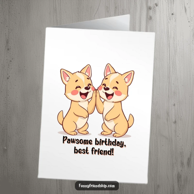 Funny Free Printable Birthday Card: Two cute dogs excitedly giving each other a high five, celebrating a birthday.