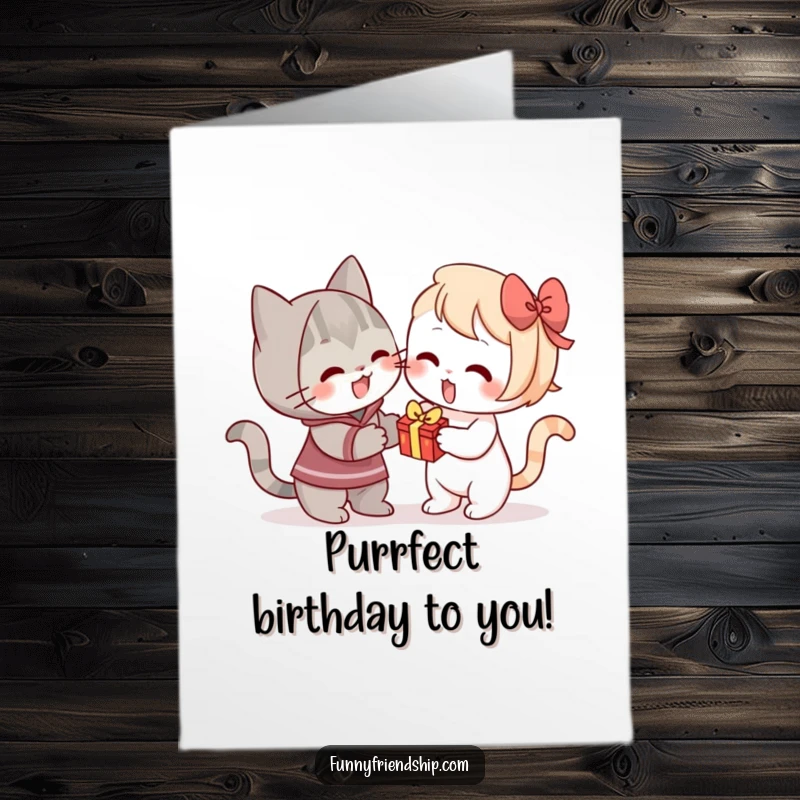 Funny Free Printable Birthday Card: A cat character enthusiastically offering a small gift to another surprised character.