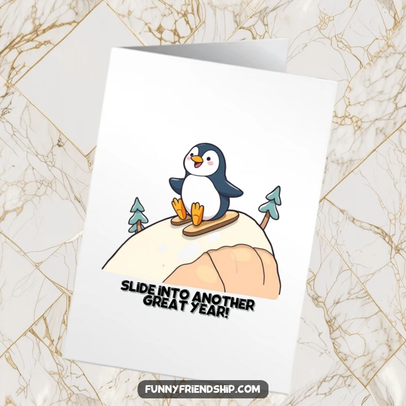 Funny Free Printable Birthday Card: A cheerful penguin character joyfully sliding down a snowy hill with a happy friend.