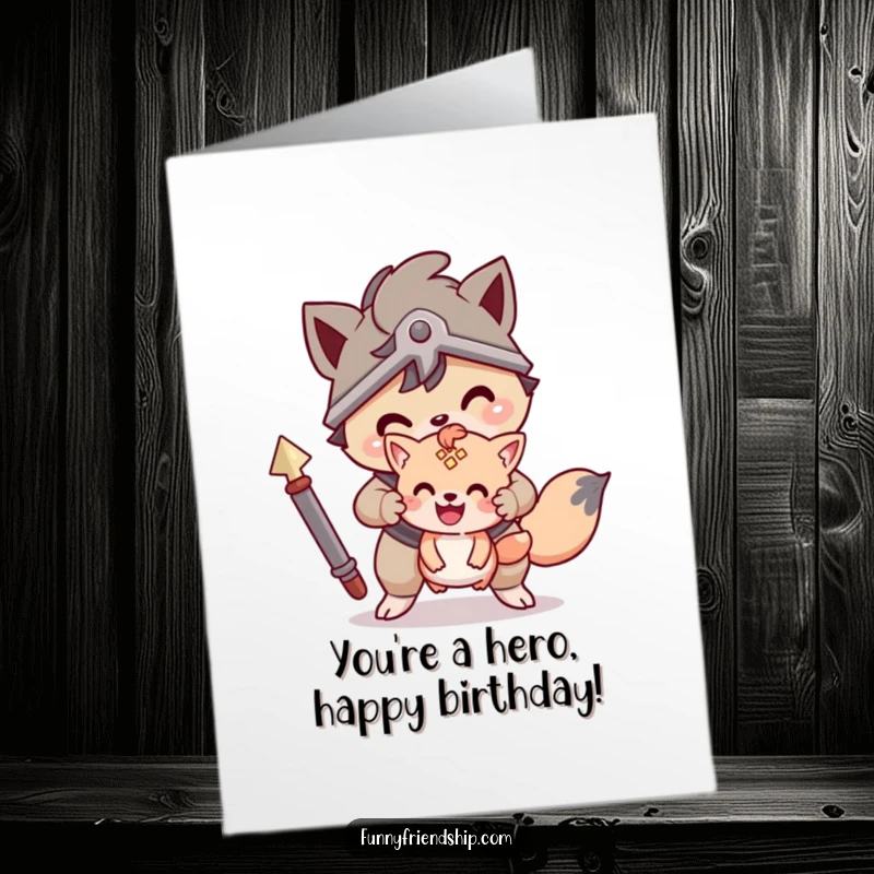 Funny Free Printable Birthday Card: Brave animal character shielding a smaller friend, symbolizing protection. Downloadable gift.