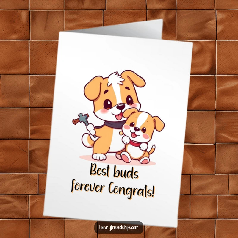 Funny Free Printable Dog Congratulations Card: A loyal dog proudly guards as a puppy celebrates their success, downloadable.