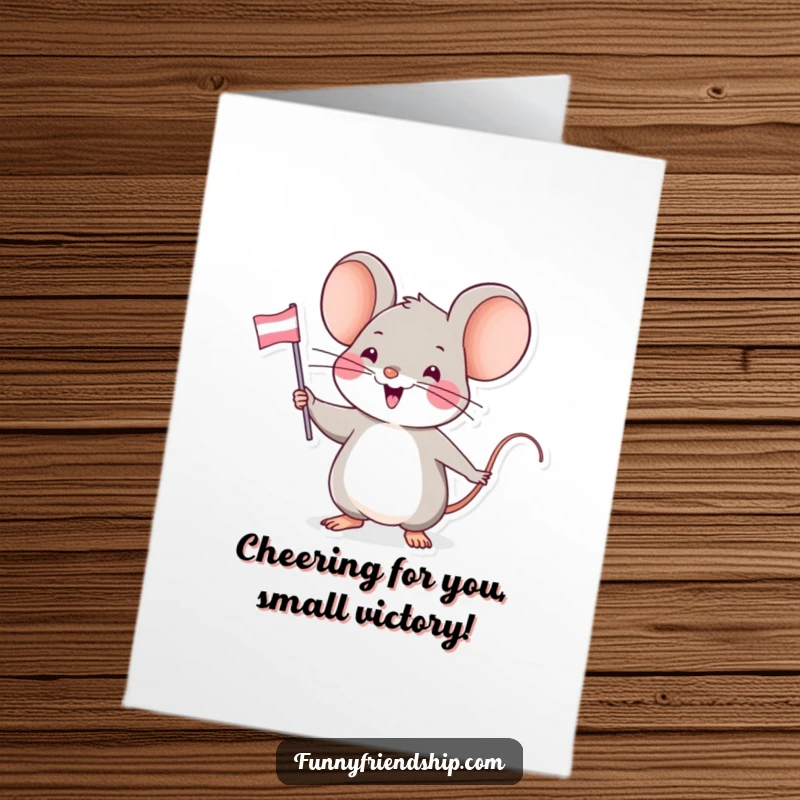 Funny Free Printable Congratulations Card: Mouse excitedly waving a friendship flag, celebrating accomplishments with joy.