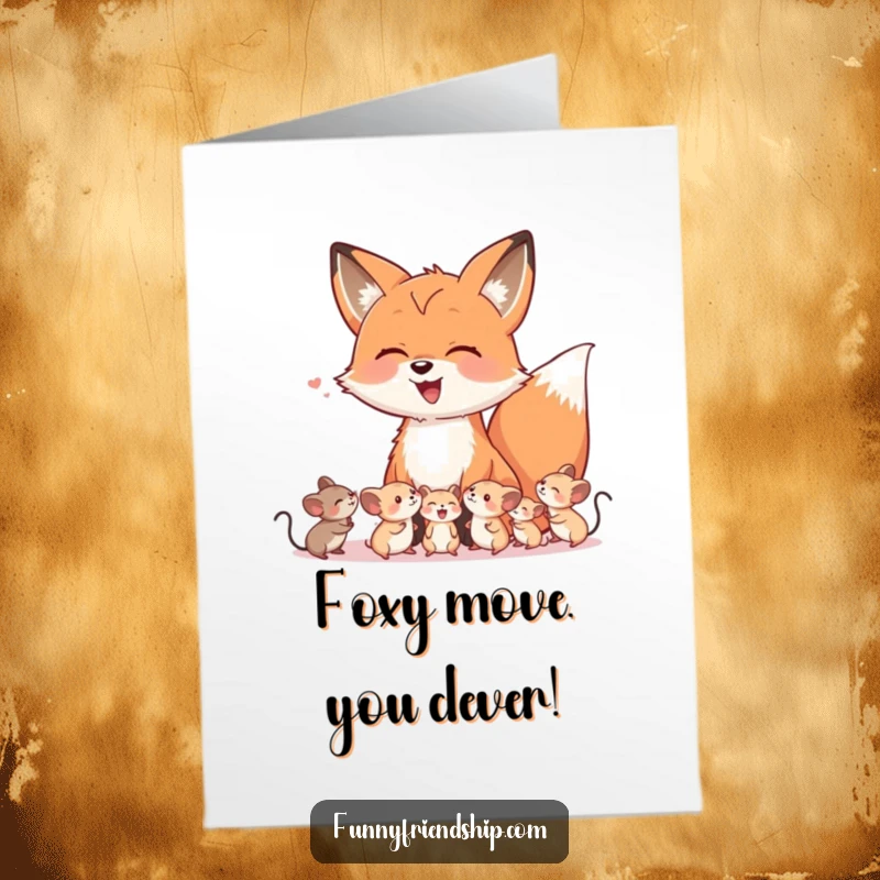 Funny Free Printable Congratulations Card: Fox and small mice sharing a joyful laugh, celebrating success together.