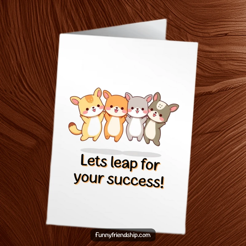 Funny Free Printable Congratulations Card: Small animals joyfully jumping and holding hands, celebrating success.