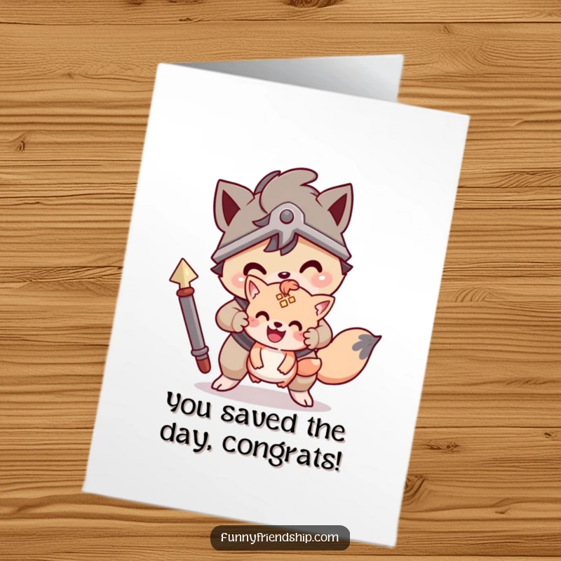 Funny Free Printable Congratulations Card: Brave animal character protecting a smaller friend, celebrating overcoming challenges. DIY gift.