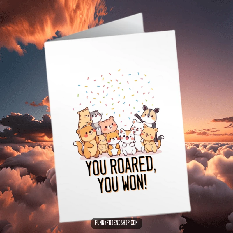 Funny free printable congratulations card: a group of diverse animals gleefully throw confetti.