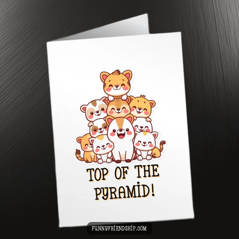 Funny free printable congratulations card: A balanced pyramid of smiling animals celebrating a special achievement.
