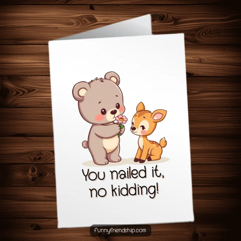Funny Free Printable Congrats Card: A playful bear cub offers a delicate flower to a shy deer cub, congratulating success.