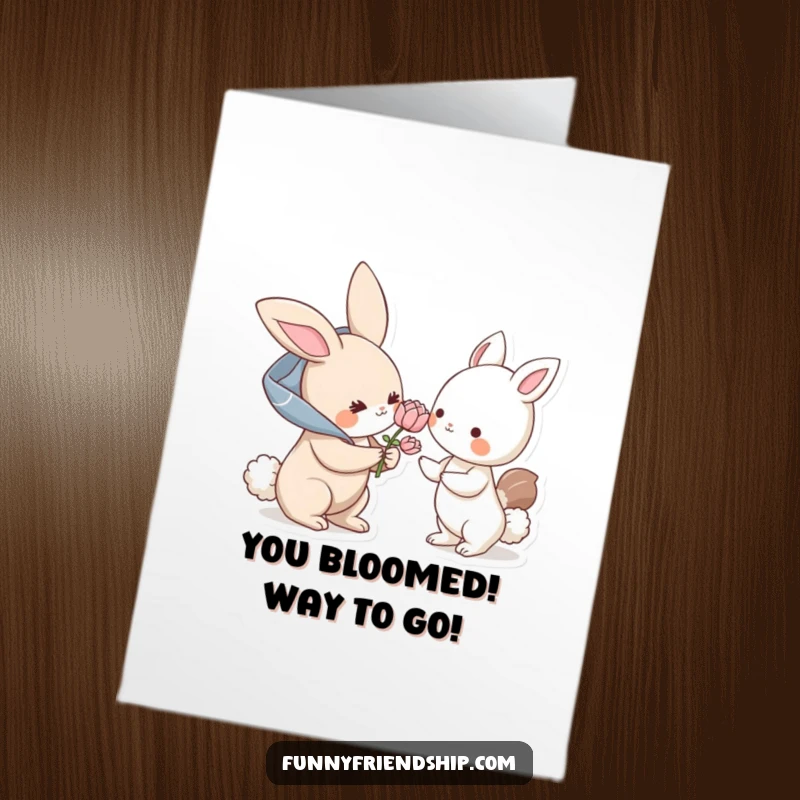 Funny Free Printable Congrats Card: A cheerful bunny character presents a flower to another animal, symbolizing good wishes.