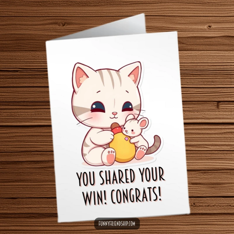 Funny Free Printable Congrats Card: A cat character generously shares a toy with a small mouse character, symbolizing friendship.