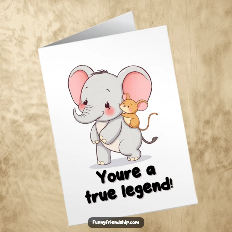 Funny free printable congratulations card: Cheerful elephant giving a tiny mouse a piggyback ride in celebration.