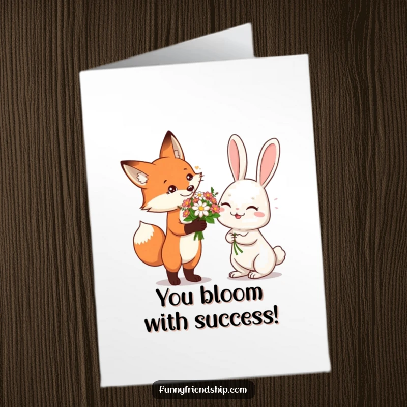 Funny Free Printable Congratulations Card with a fox presenting flowers to a delighted, giggling rabbit.