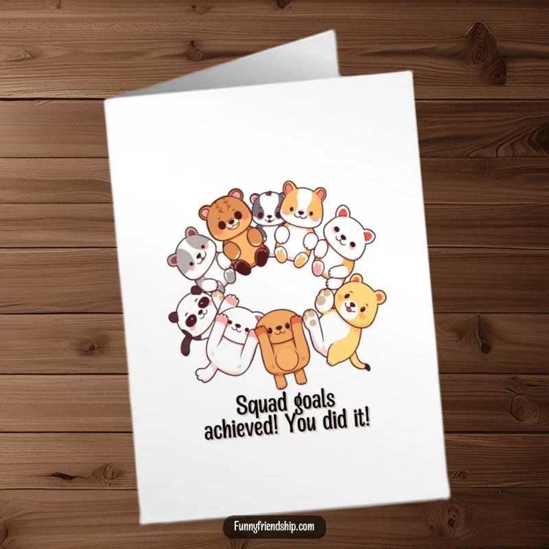 Free Printable Congratulations Card with a funny circle of diverse animals linking paws, cheering for success and big wins.