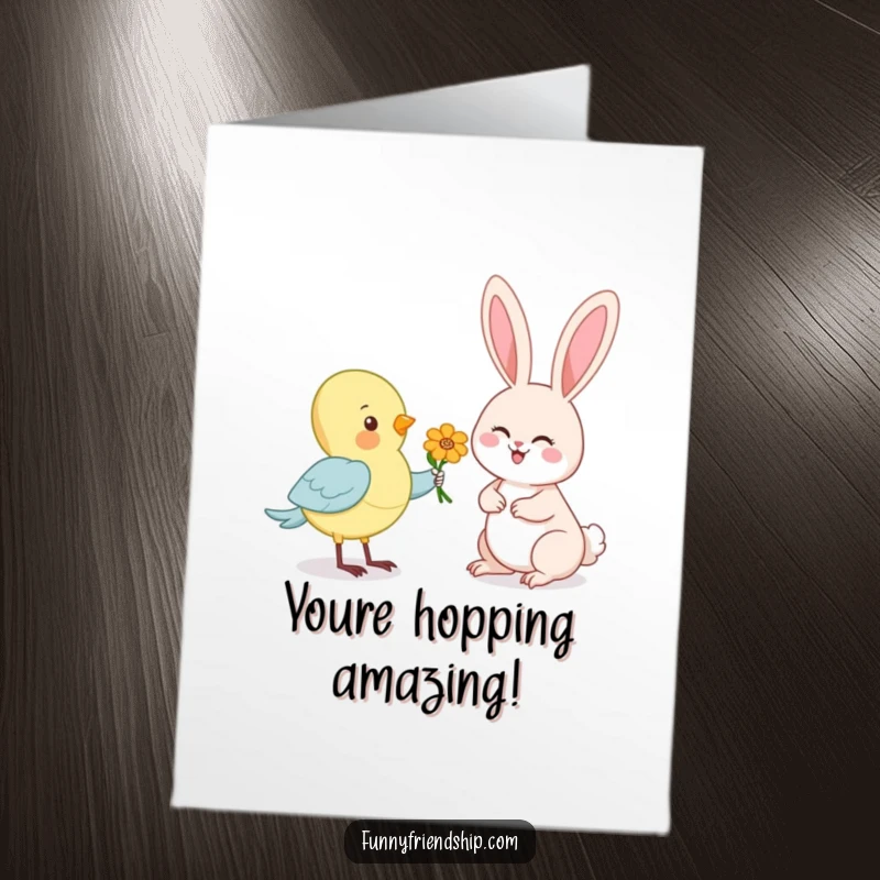 Funny Free Printable Congratulations Card: A bird offers a flower to a joyful rabbit, signifying happy well wishes and success.