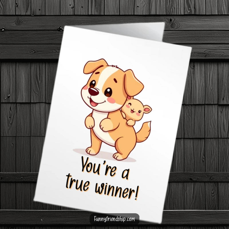 Funny Free Printable Congratulations Card: A cheerful dog happily carries a smaller creature on its back, celebrating success.