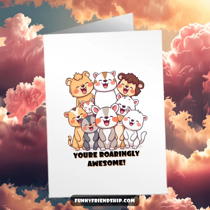 Funny Free Printable Congratulations Card showing a diverse pack of animals erupting in joyful laughter, celebrating good news.