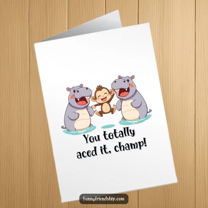 Funny Free Printable Congrats Card: A joyful monkey leaping between two delighted hippos, celebrating a big win with pure glee.