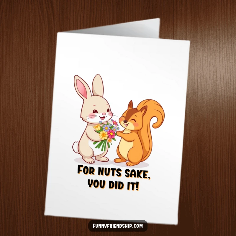 Funny Free Printable Congratulations Card: Rabbit offers a charming bouquet of flowers to a happy squirrel, celebrating success, downloadable art.