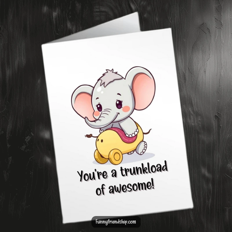 Funny Free Printable Congratulations Card: A playful elephant presents its trunk as a fun ride to celebrate achievements.