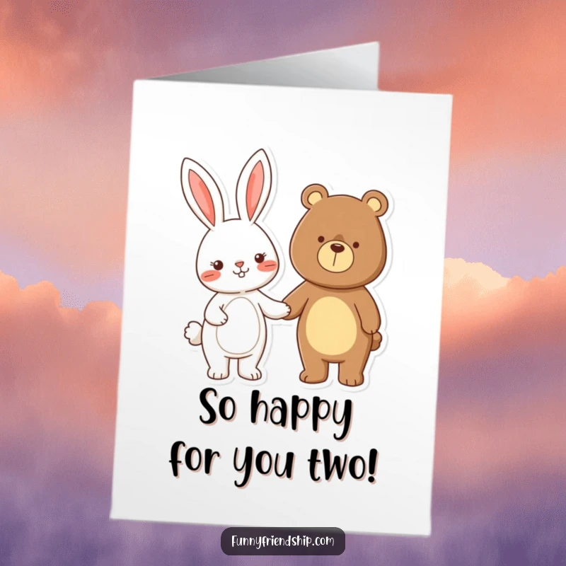 Funny Free Printable Congratulations Card: A rabbit and a bear character holding hands, symbolizing unity and joy.
