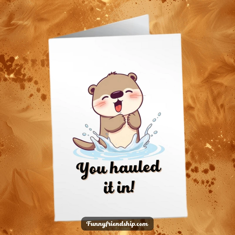 Funny free printable otter card, happy otter splashing water in celebration, perfect for congratulations.