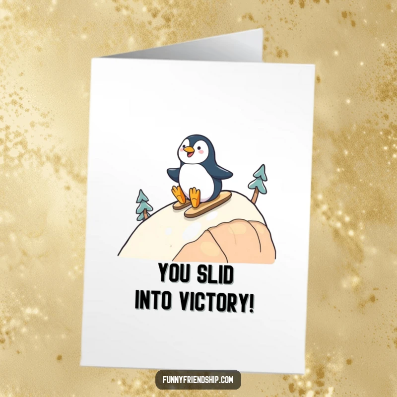Funny Free Printable Congratulations Card: Two happy penguin friends sliding down a hill together in celebration.