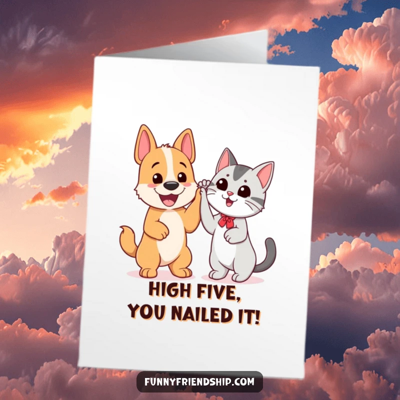 Funny Free Printable Congratulations Card: A happy dog and a cool cat give a triumphant high five, celebrating an achievement.
