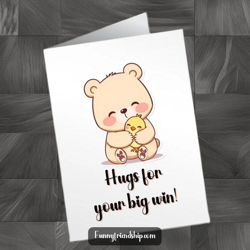 Funny Free Printable Congratulations Card: A big bear enveloping a small bird in a tender, supportive hug.