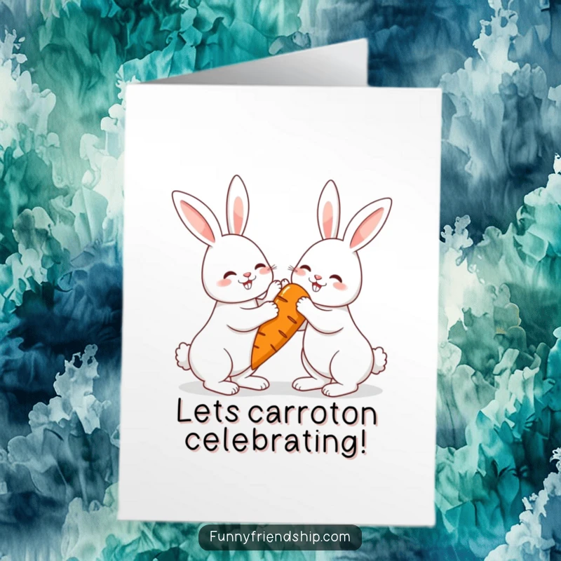 Funny Free Printable Rabbit Congratulations Card, cheerful bunnies high-fiving over a giant carrot, perfect for achievements.