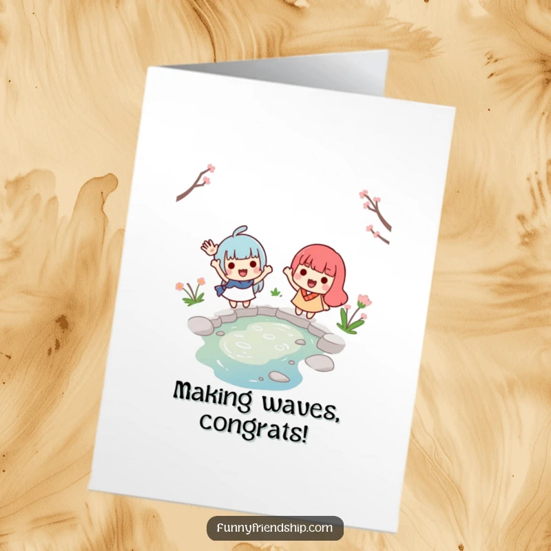 Funny Free Printable Congratulations Card showing two happy characters waving goodbye over a small stream, perfect for celebrating successes.