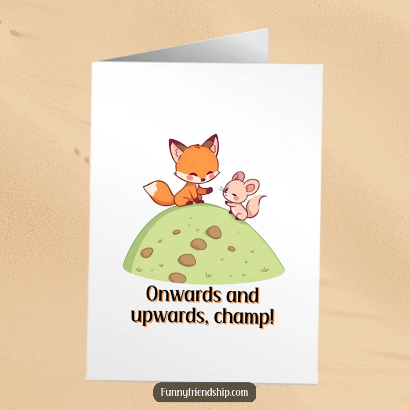 Free printable congratulations card depicting a helpful fox assisting a mouse as they climb a hill, celebrating perseverance.