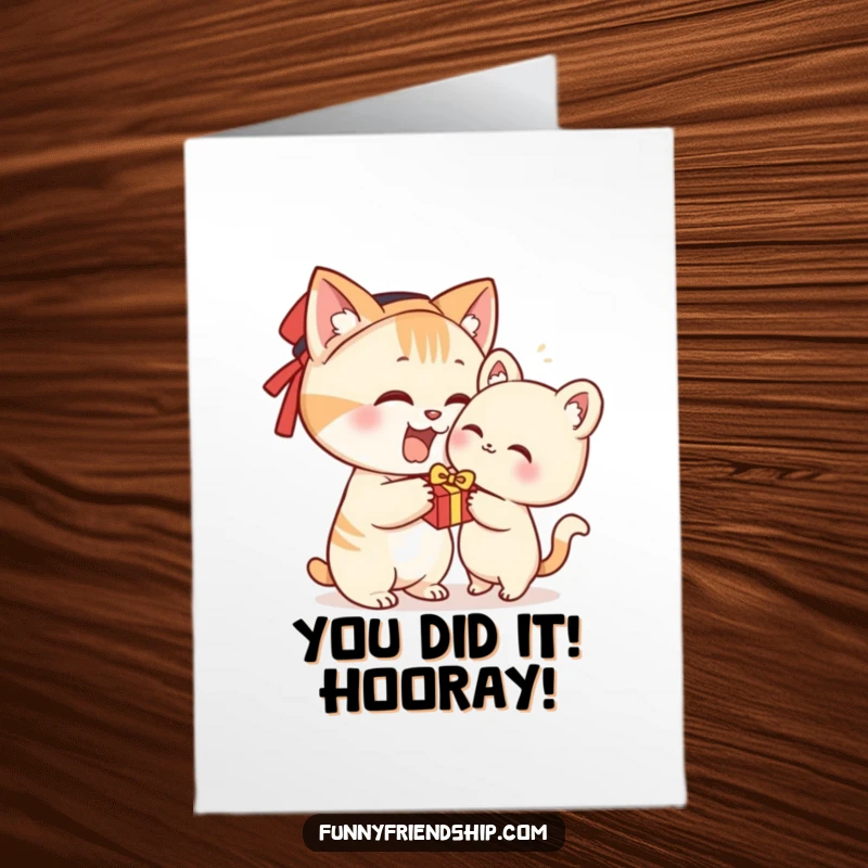 Funny Free Printable Congratulations Card: A thoughtful cat enthusiastically offers a small gift, celebrating a special achievement.